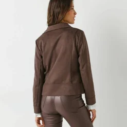 Blouson zippé col tailleur pressionné, suédine