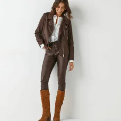 Blouson zippé col tailleur pressionné, suédine