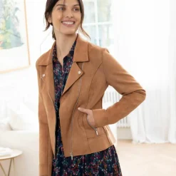 Blouson zippé col tailleur pressionné, suédine