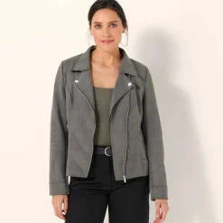 Blouson zippé col tailleur pressionné, suédine