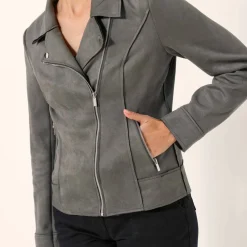 Blouson zippé col tailleur pressionné, suédine