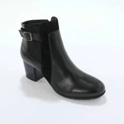 Boots en cuir bi-matière élastiquées à boucle et à talon