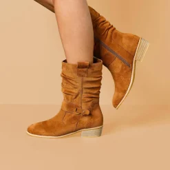 Bottes mi-hautes plissées à petit talon effet bois