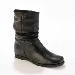 Bottes plissées mi-hautes en cuir avec semelle compensée invisible - noir