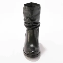 Bottes plissées mi-hautes en cuir avec semelle compensée invisible - noir