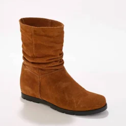 Bottes plissées mi-hautes en cuir velours, semelle compensée invisible