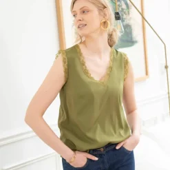 Caraco fluide col V dentelle, crêpe **polyester recyclé