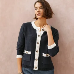 Cardigan bicolore boutonné à poches