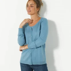 Cardigan boutonné col rond uni, toucher doux
