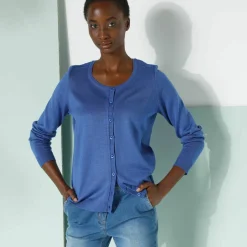 Cardigan boutonné col rond uni, toucher doux