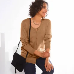 Cardigan boutonné col rond uni, toucher doux