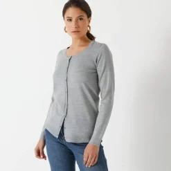 Cardigan boutonné col rond uni, toucher doux