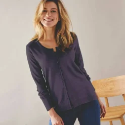 Cardigan boutonné col rond uni, toucher doux