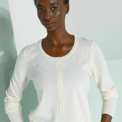 Cardigan boutonné col rond uni, toucher doux