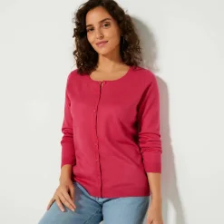 Cardigan boutonné col rond uni, toucher doux