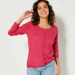 Cardigan boutonné col rond uni, toucher doux