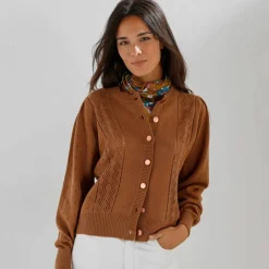 Cardigan boutonné, maille ajourée