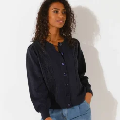 Cardigan boutonné, maille ajourée