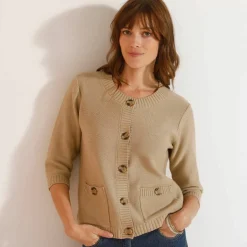 Cardigan boutonné à poches, manches coude