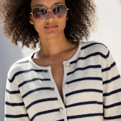 Cardigan rayé à boutons officier, maille fantaisie.