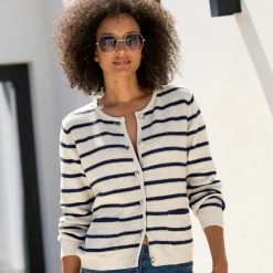 Cardigan rayé à boutons officier, maille fantaisie.
