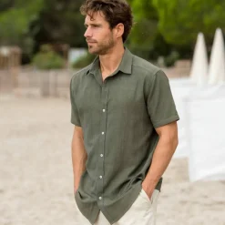 Chemise coton lin manches courtes boutonnée