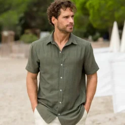 Chemise coton lin manches courtes boutonnée