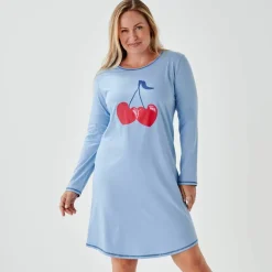 Chemise de nuit courte motif placé "cerises" manches longues