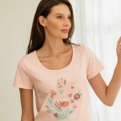 Chemise de nuit courte motif placé fleurs manches courtes