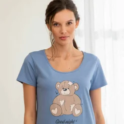Chemise de nuit courte motif placé ourson manches courtes