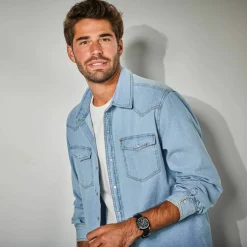 Chemise pressionnée manches longues en jean