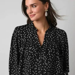 Chemisier boutonné à détails smockés, imprimé mini pois