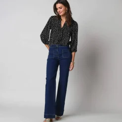 Chemisier boutonné à détails smockés, imprimé mini pois