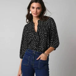 Chemisier boutonné à détails smockés, imprimé mini pois