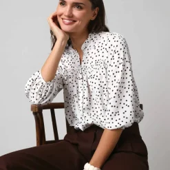 Chemisier boutonné à détails smockés, imprimé mini pois