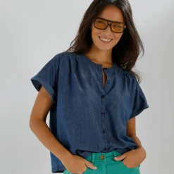 Chemisier boutonné en jean, manches courtes