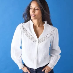 Chemisier boutonné macramé, gaze de coton