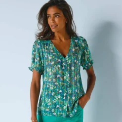 Chemisier boutonné manches blousantes imprimé, voile jacquard