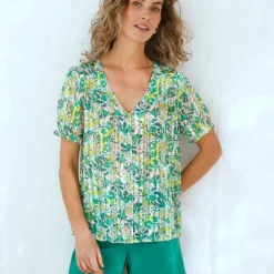 Chemisier boutonné manches blousantes imprimé, voile jacquard