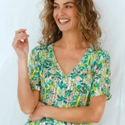 Chemisier boutonné manches blousantes imprimé, voile jacquard