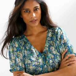 Chemisier boutonné manches blousantes imprimé, voile jacquard