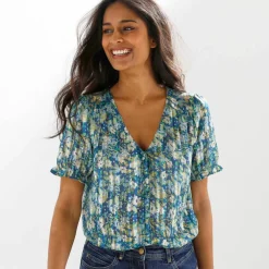 Chemisier boutonné manches blousantes imprimé, voile jacquard
