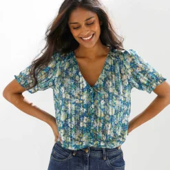 Chemisier boutonné manches blousantes imprimé, voile jacquard