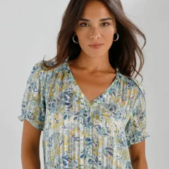 Chemisier boutonné manches blousantes imprimé, voile jacquard