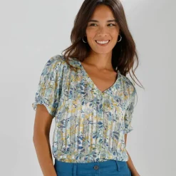 Chemisier boutonné manches blousantes imprimé, voile jacquard