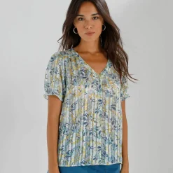 Chemisier boutonné manches blousantes imprimé, voile jacquard