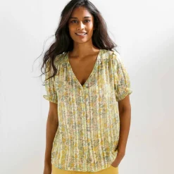 Chemisier boutonné manches blousantes imprimé, voile jacquard