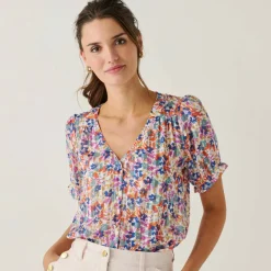 Chemisier boutonné manches blousantes imprimé, voile jacquard