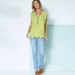 Chemisier boutonné uni, broderie anglaise