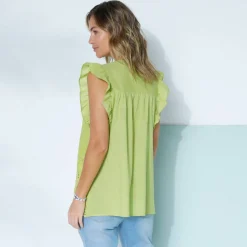 Chemisier boutonné uni, broderie anglaise